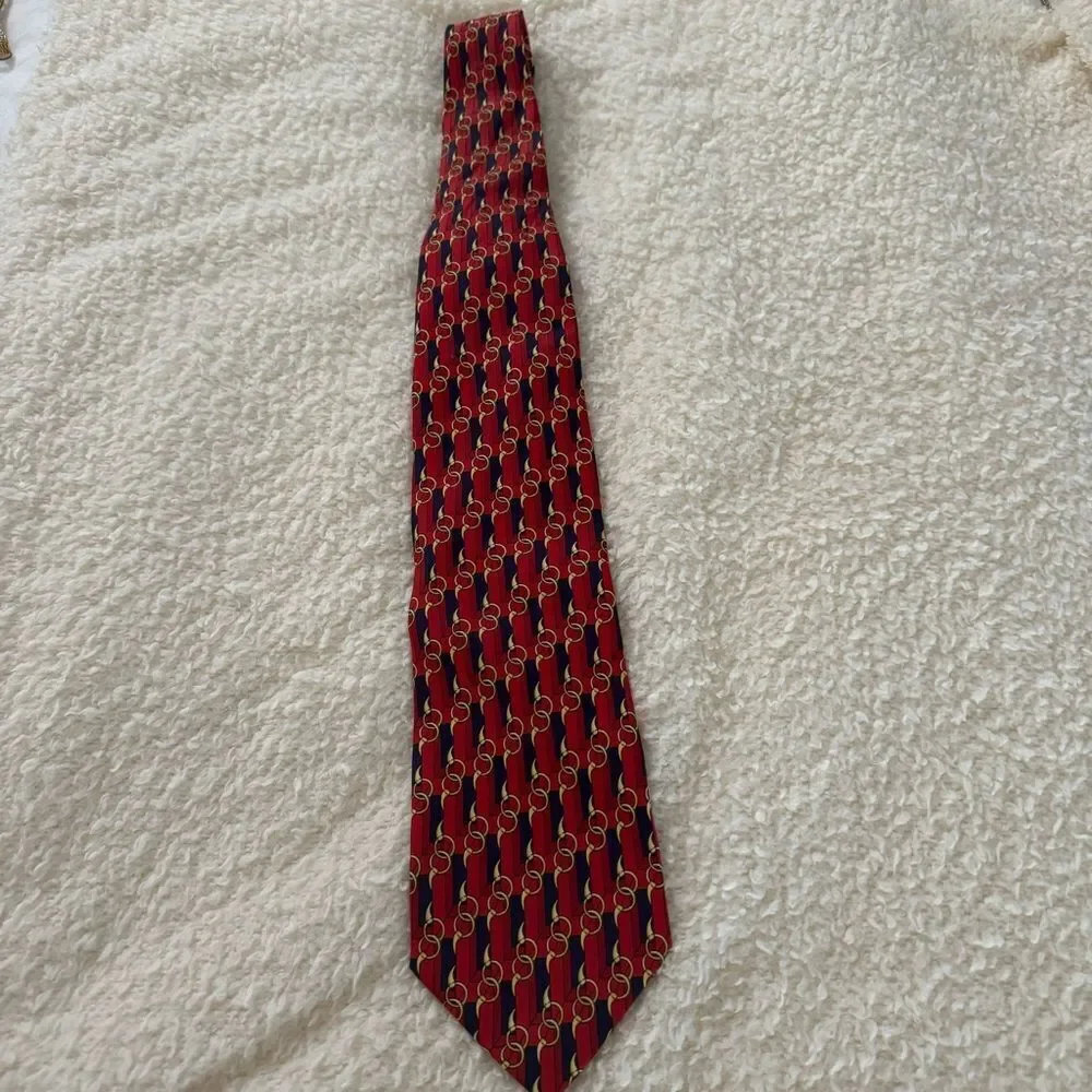 Vintage Paolo Gucci Red Navy Horse Bit Pattern Print Silk Made In Italy Tie